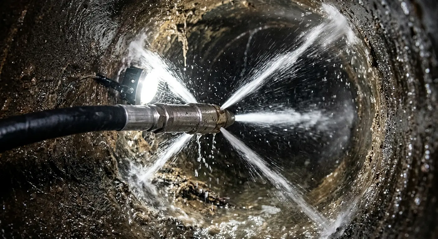 High-pressure hydro jetting nozzle cleaning sewer pipe for Emergency Drain Service in Warrensville Heights