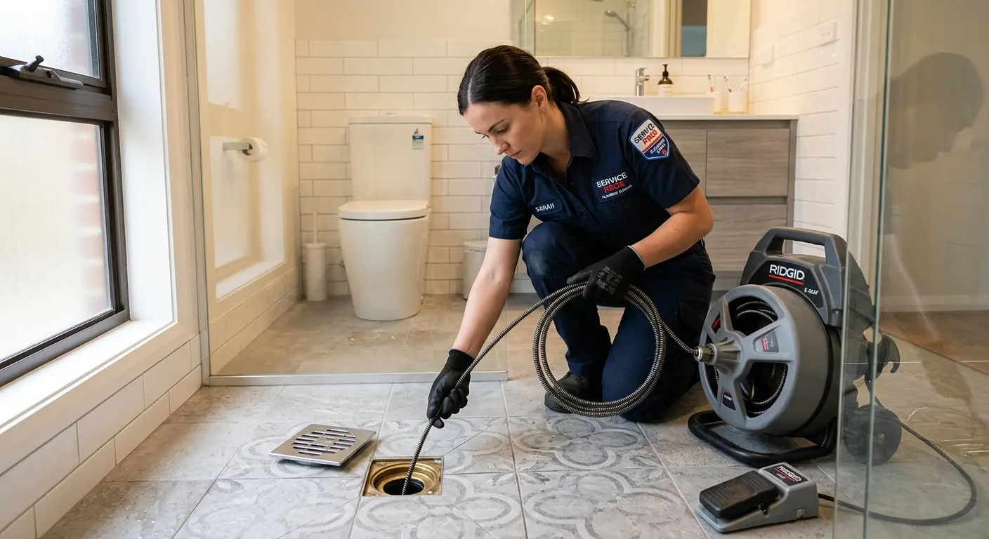 Technician clearing a bathroom floor drain for Drain Repair in Warrensville Heights